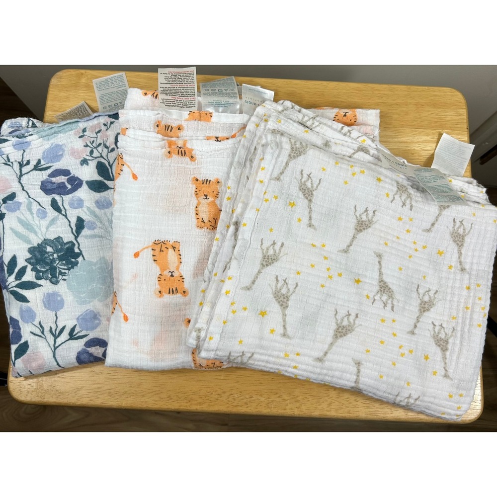 aden + anais Cotton Muslin Swaddle Blankets Bundle/3 Tiger Giraffe Floral Cuddly